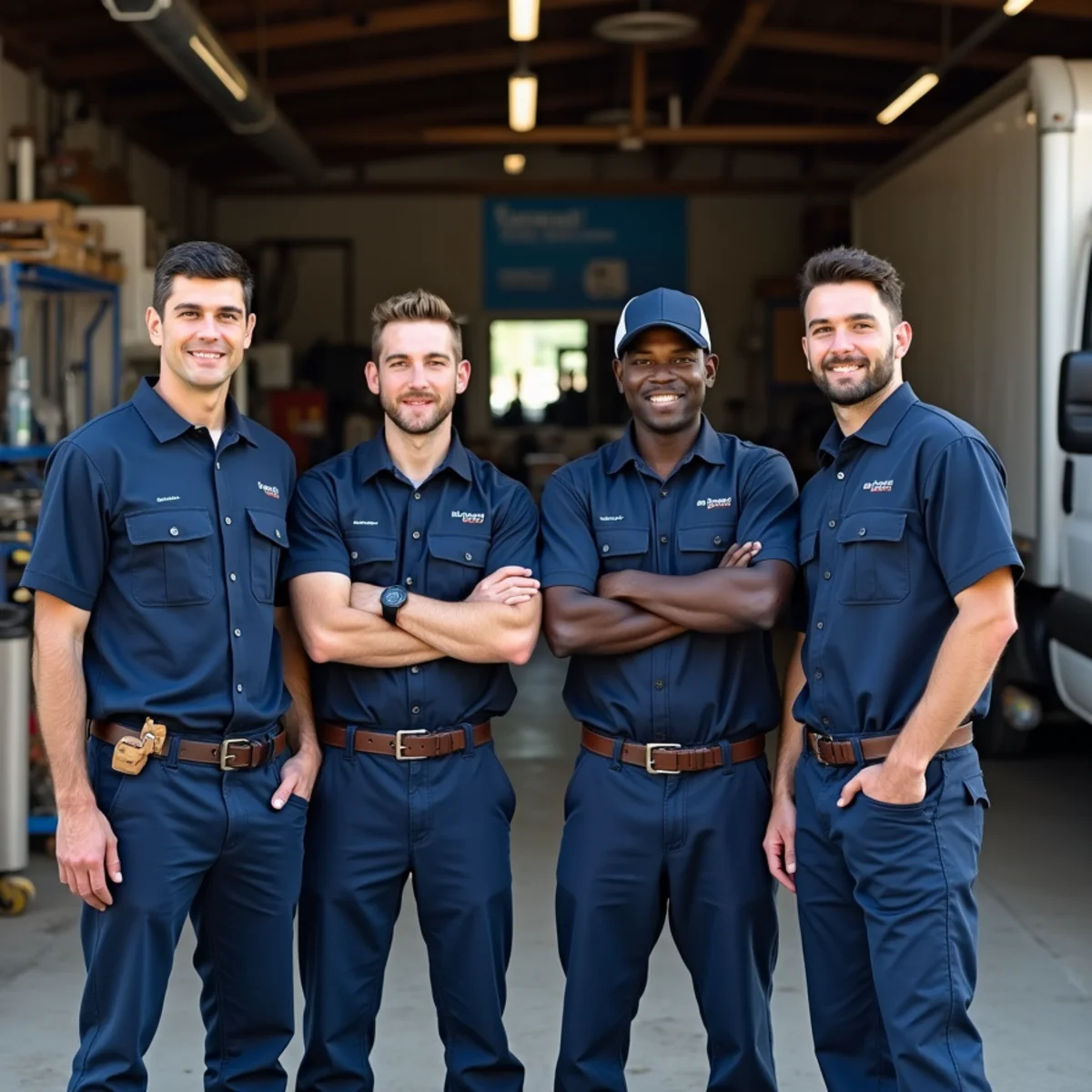 Belt Line Plumbing Co. licensed plumbers with service trucks at the Addison, TX shop