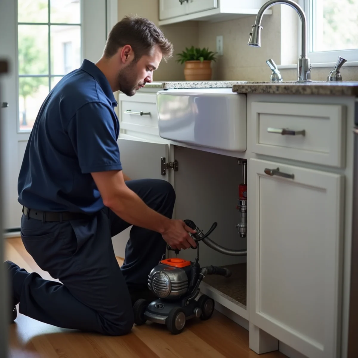 Belt Line Plumbing technician clearing a kitchen drain in an Addison, TX condo