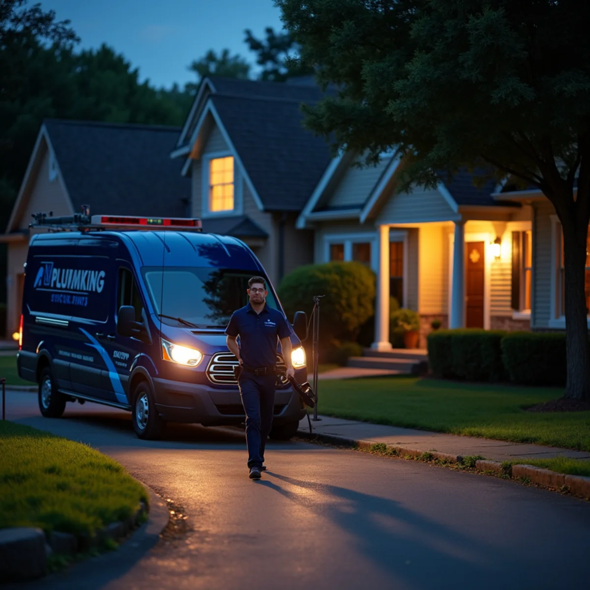 24/7 emergency plumber truck arriving at an Addison, TX home at night