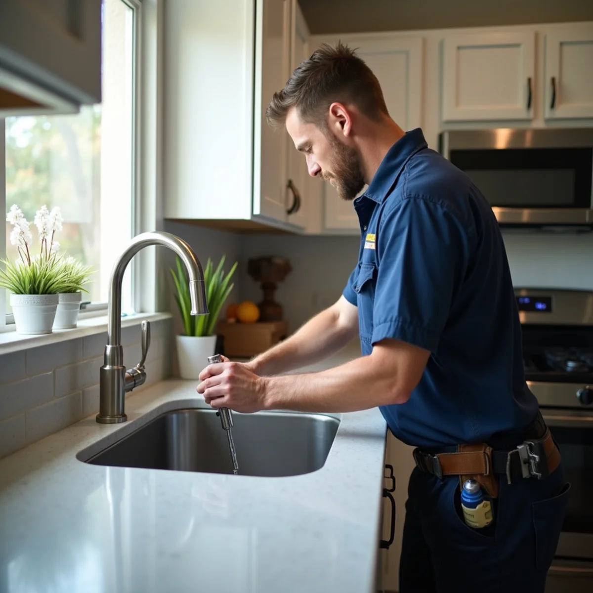 Plumber replacing a faucet in an Addison, TX kitchen