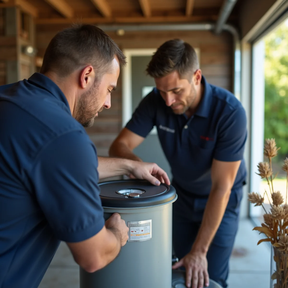 Whole-home water softener with brine tank in a North Dallas garage