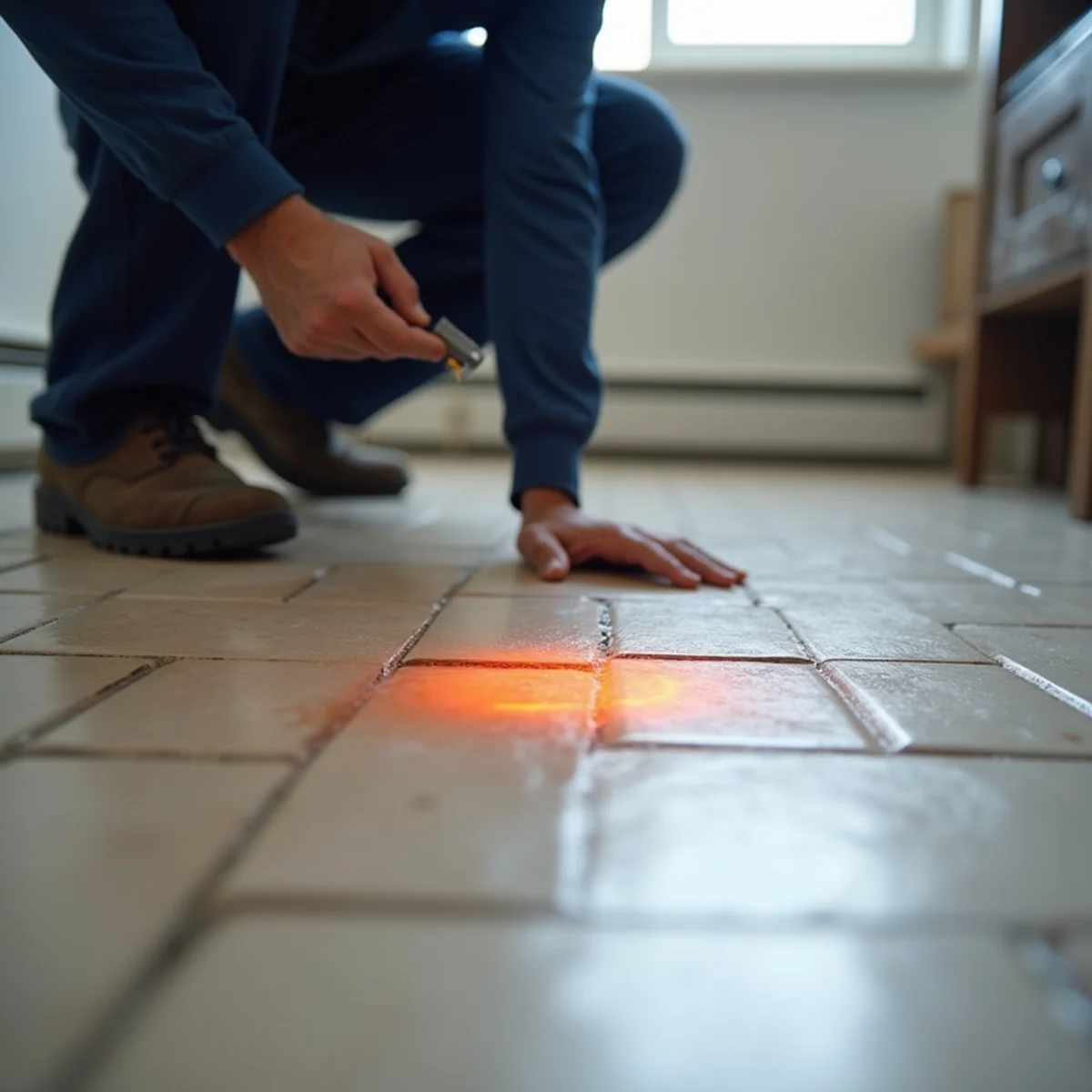 Warm tile spot indicating a hot-water slab leak in an Addison home