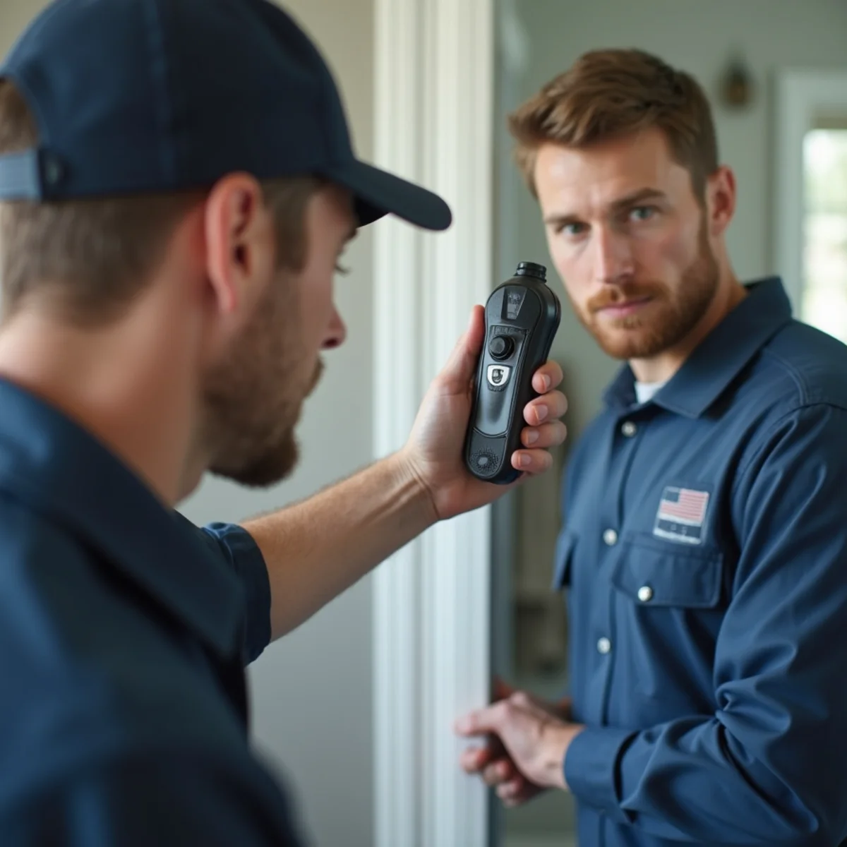 Plumber using electronic leak detection on a wall in a North Dallas home