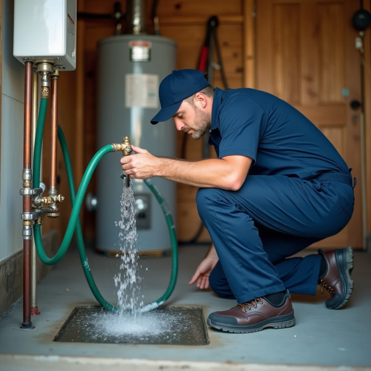 Draining and flushing a water heater tank in an Addison, TX garage