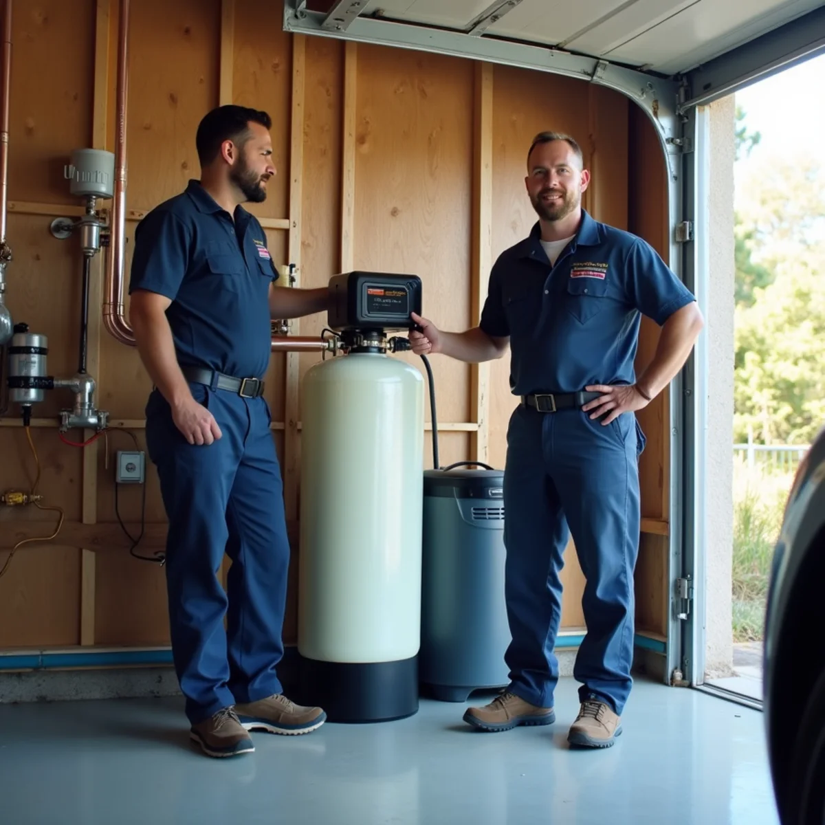 Water softener installed in an Addison, TX garage utility area