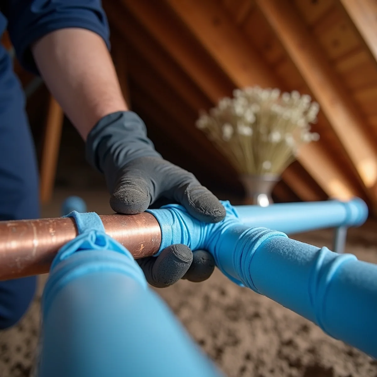 Foam pipe insulation wrapped around attic supply lines in a Texas home