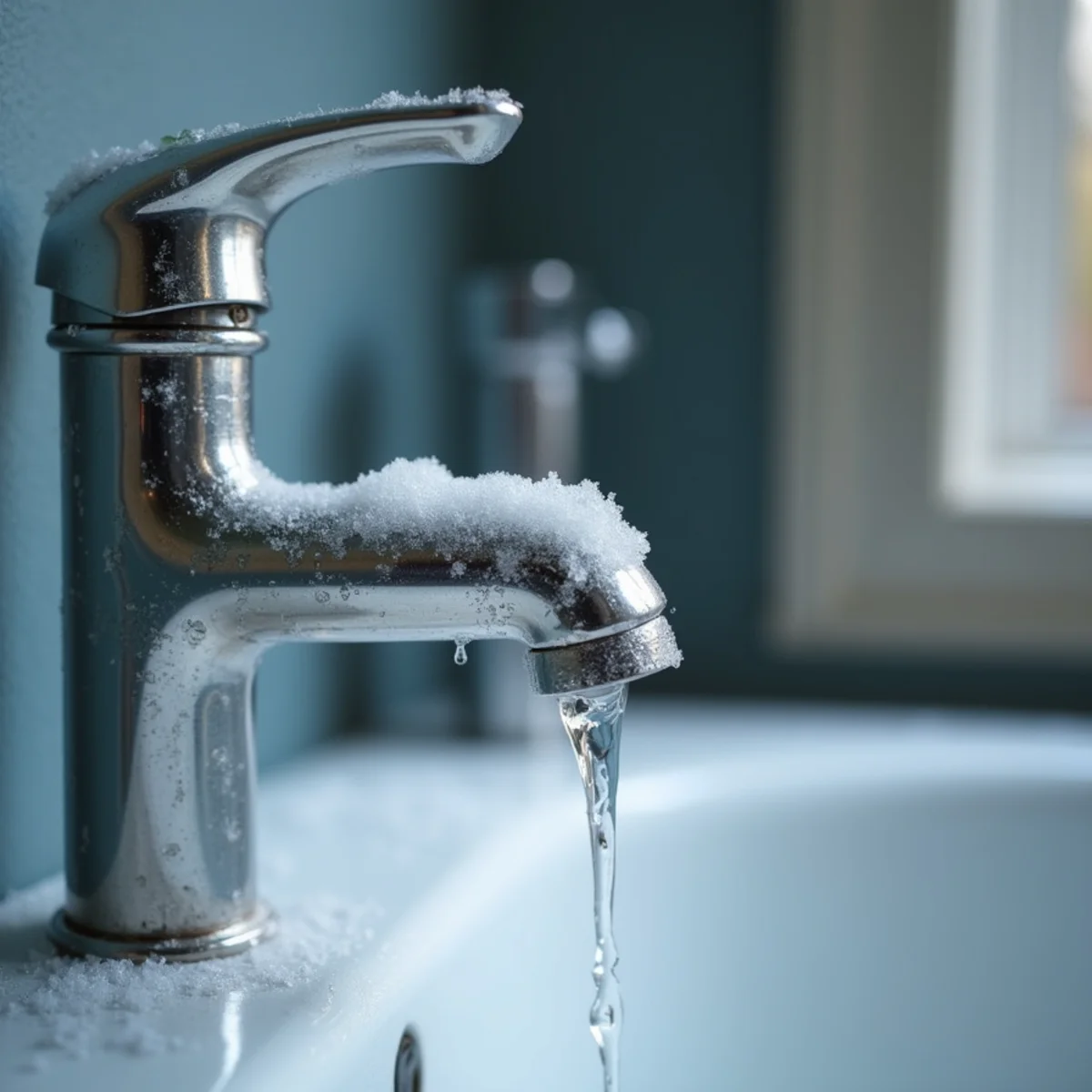 Bathroom faucet dripping cold water at pencil-lead trickle during a Texas freeze