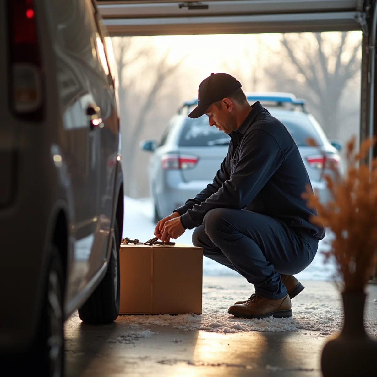 Homeowner turning off main water shutoff valve before leaving town in winter